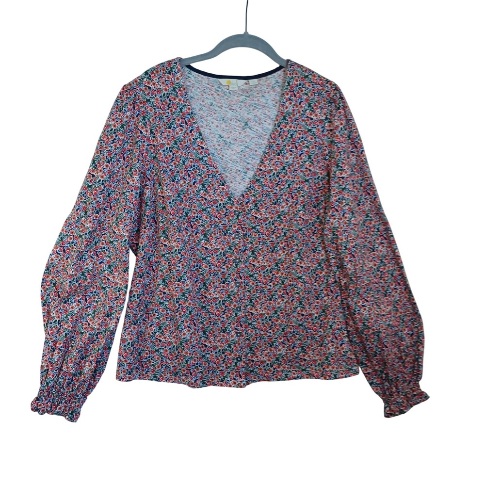 Boden‎ Womens Floral V-Neck Button Front Cotton Top Bishop Sleeve Multi US 16/18